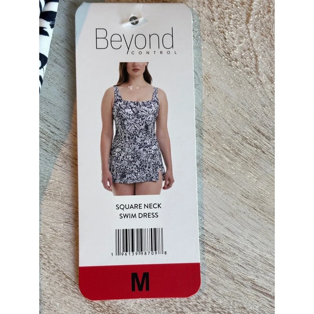 NWT size Medium Beyond Control Swim Dress Navy White Tummy Control UPF 50